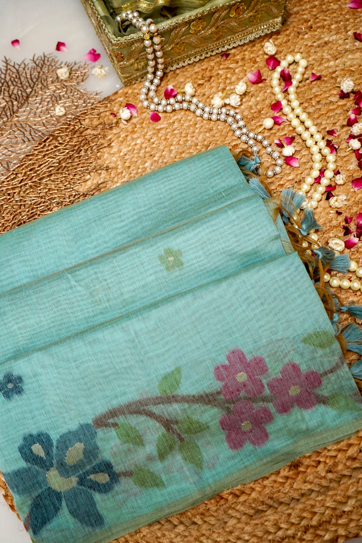 Graceful Light Blue Cotton Silk Saree with Thread Zari Bootidar Weave Jamdani Inspired Pallu View 1