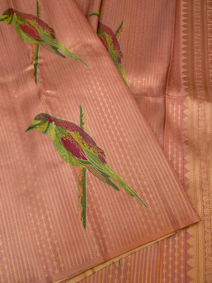 Rose Gold Banarasi Tissue Soft Silk Saree with Printed Bird Motifs