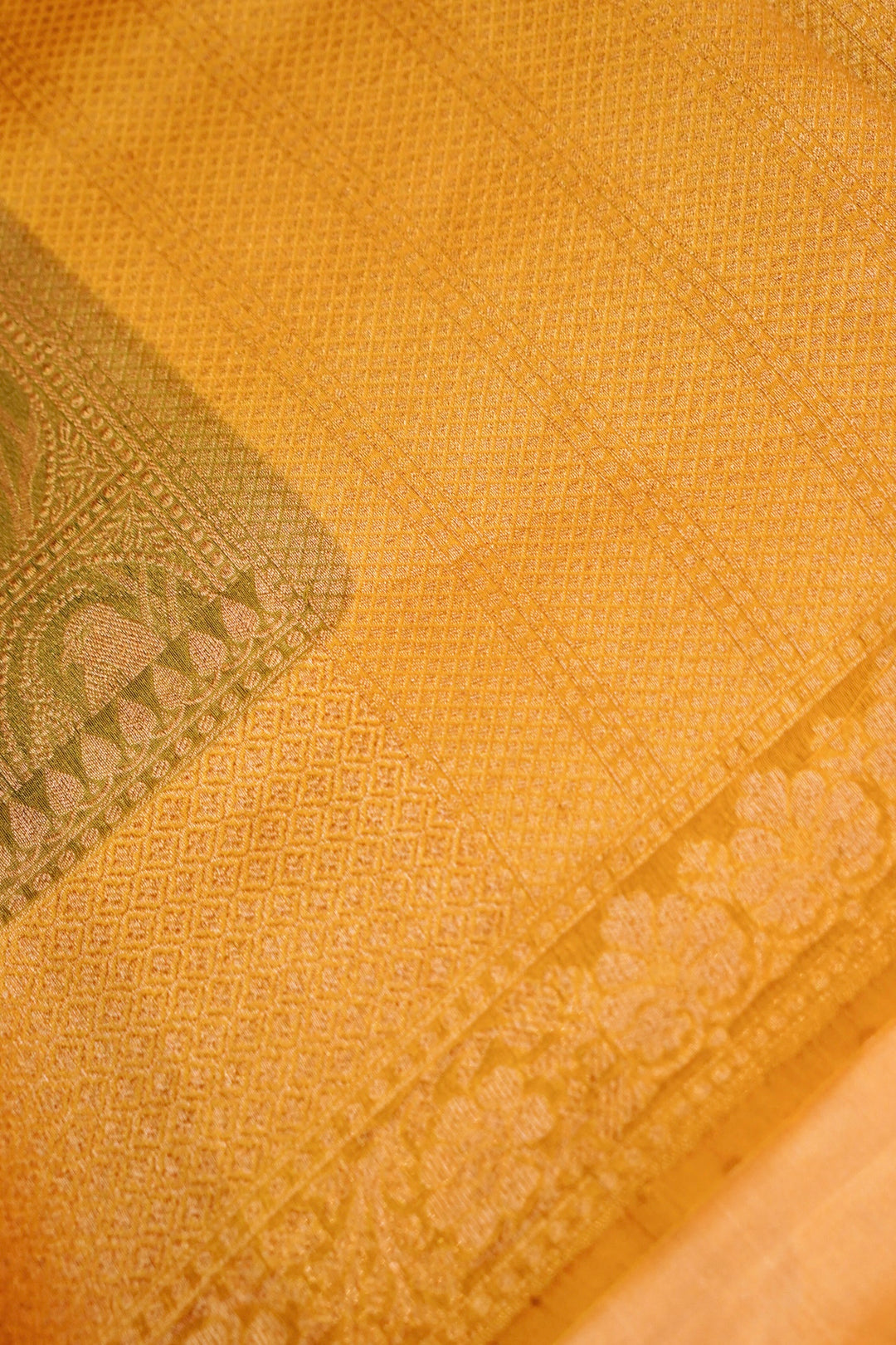 Handwoven Banarasi Pure Olive Green Chanderi Silk Saree with Yellow Contrast Border
