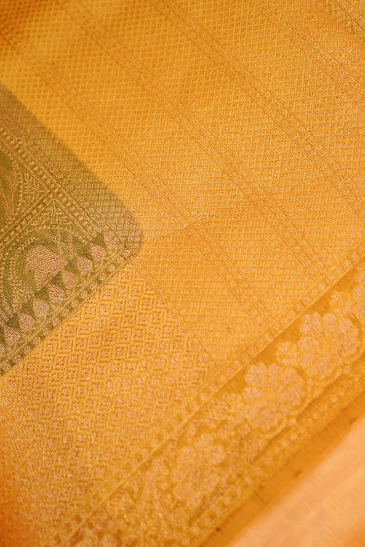 Handwoven Banarasi Pure Olive Green Chanderi Silk Saree with Yellow Contrast Border