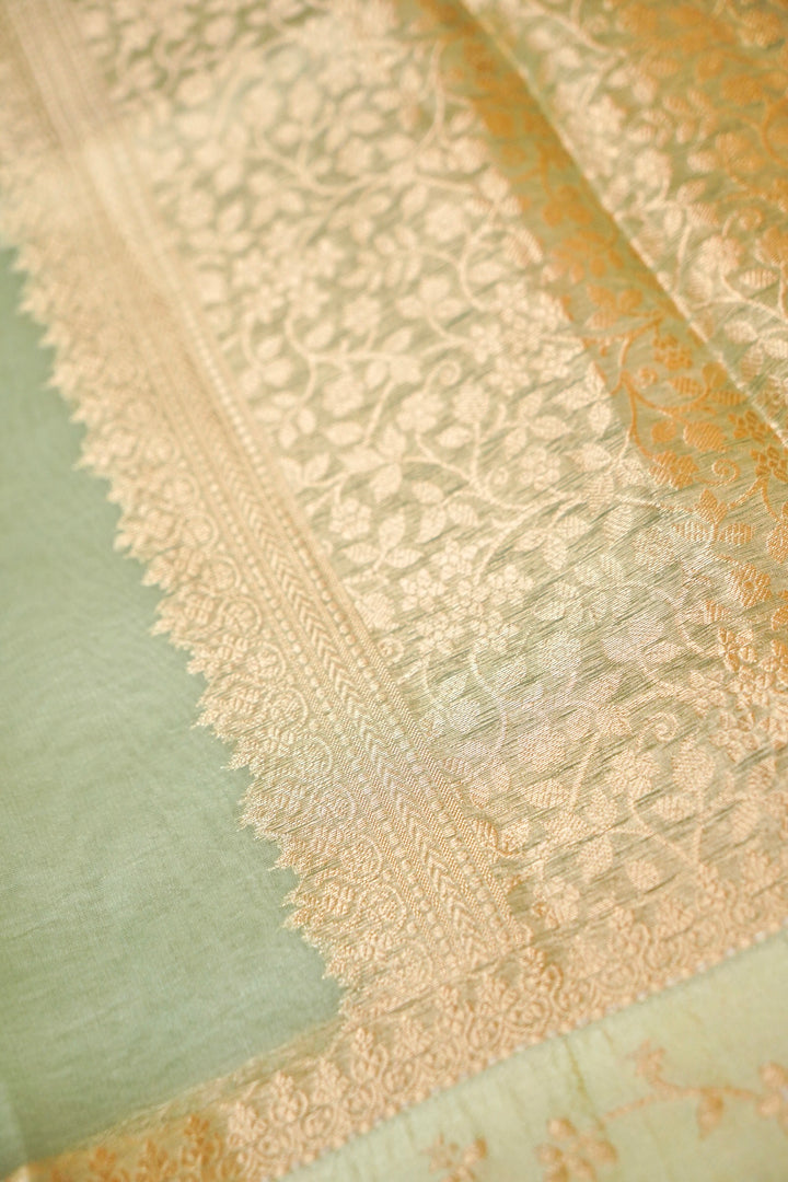 Banarasi Pastel Green Organza Silk Saree with Silk Weaving Border Pallu