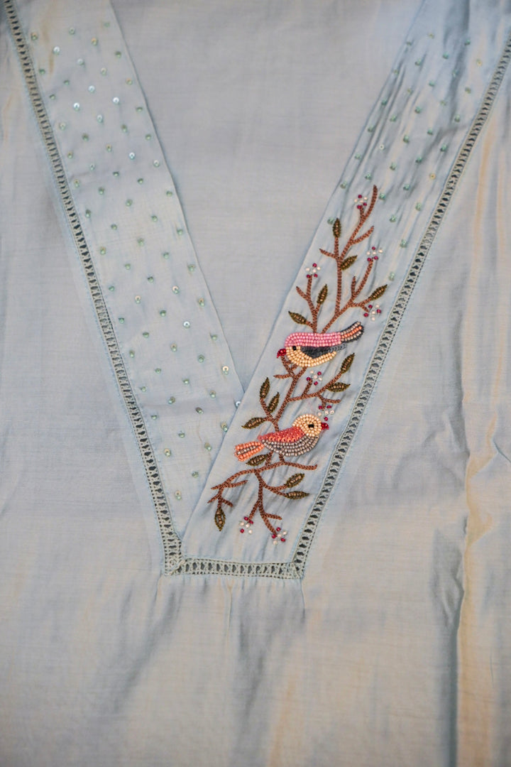 Sky Blue Chanderi Silk Suit Set with Thread Embroidery Work