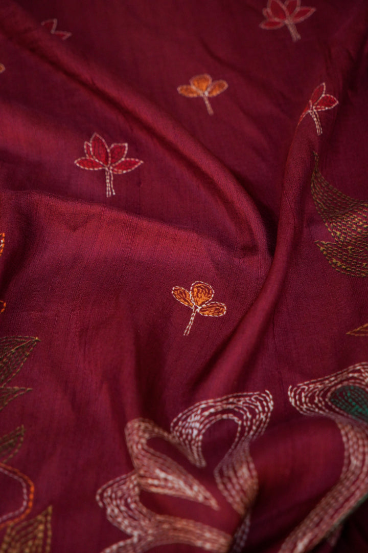Maroon Tussar Silk Saree with Ajrak Animal Motif &amp; Meenakari Bootidar Weaving