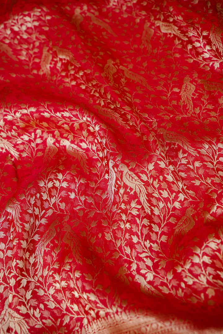 Bridal Red Brocade Silk Figure Motif Saree with Embroidery Border View 6