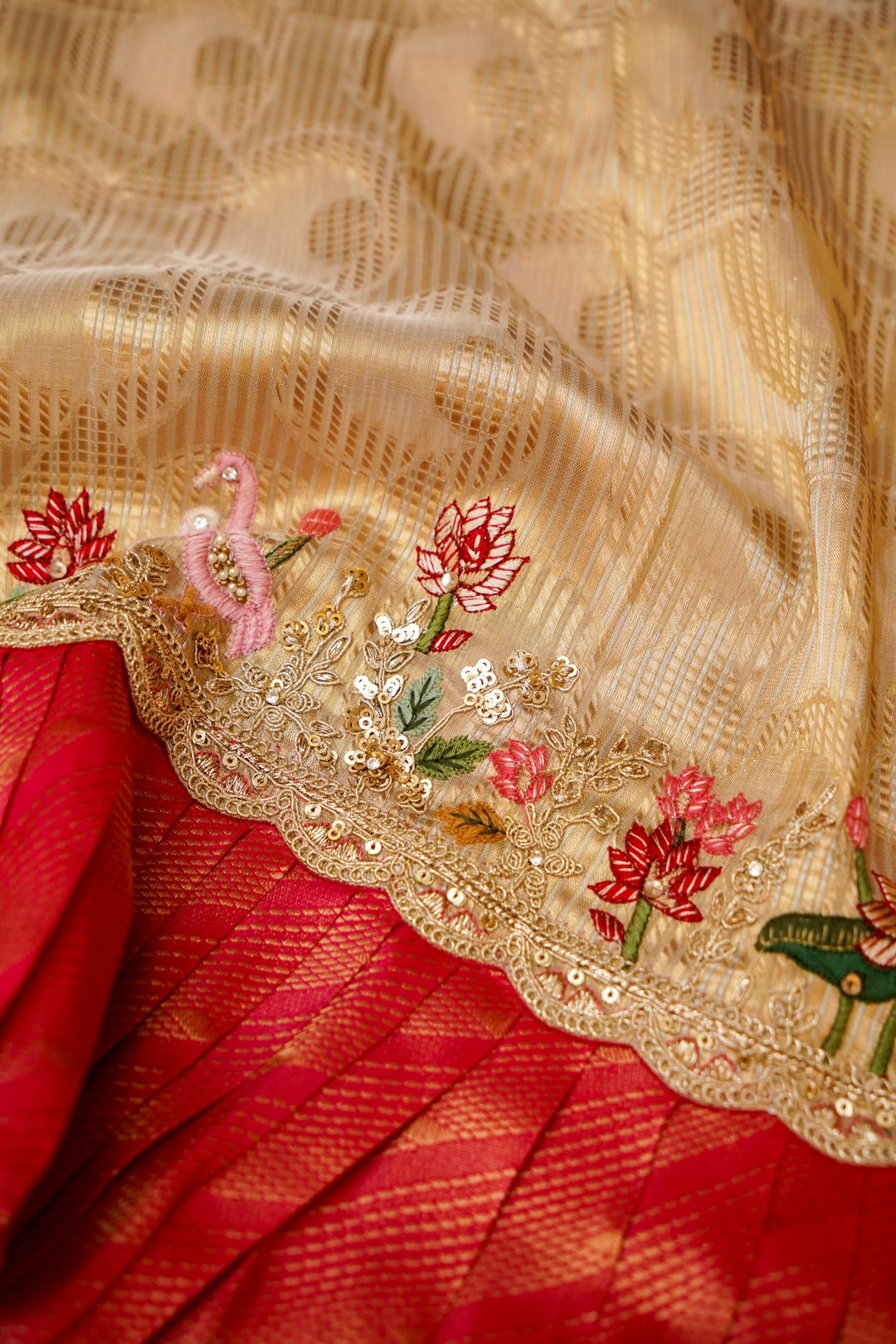 Beige Gold Lehenga Pattern Half Half Tissue Silk Meenakari Embroidery Saree View 4
