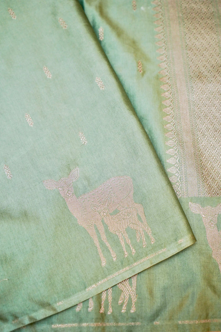 Banarasi Powder Blue Mashru Silk Saree with Bird Motif Border