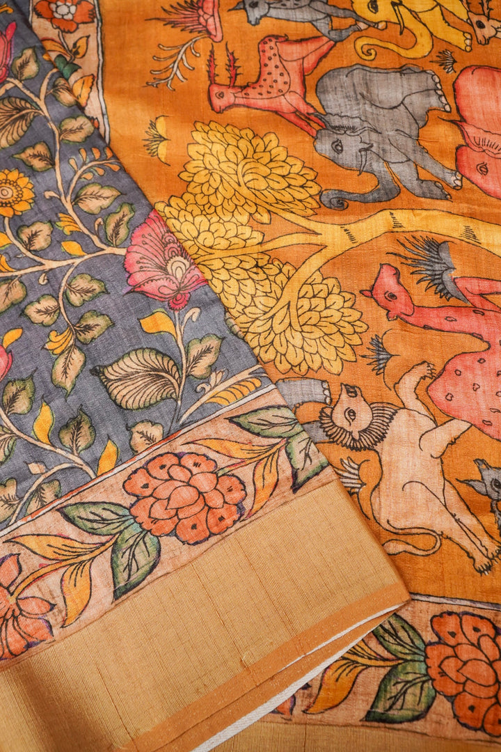 Grey Tussar Silk Saree with Kalamkari Floral Print Body &amp; Animal Motif Pallu
