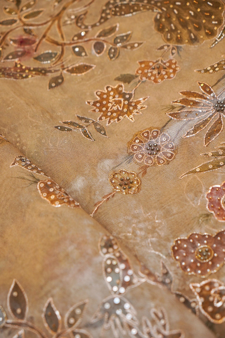 Soft Tissue Silk Aari Tari Hand Embroidered and Printed Saree