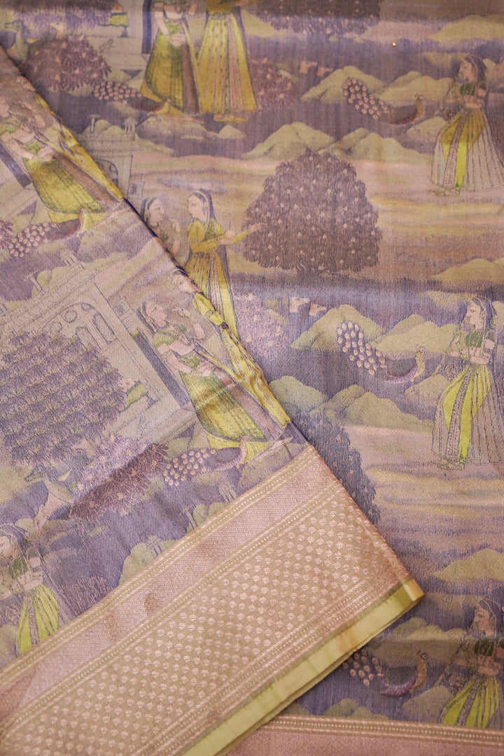 Luxurious Olive Green Banarasi Tanchoi Saree in Pure Katan Silk – Handcrafted Figure Pattern