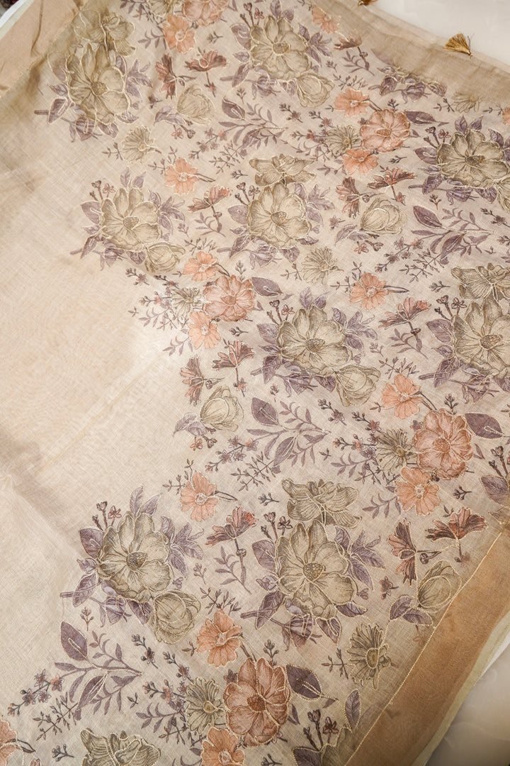 Off White Chanderi Tissue Saree with Aari Taari Embroidery Work