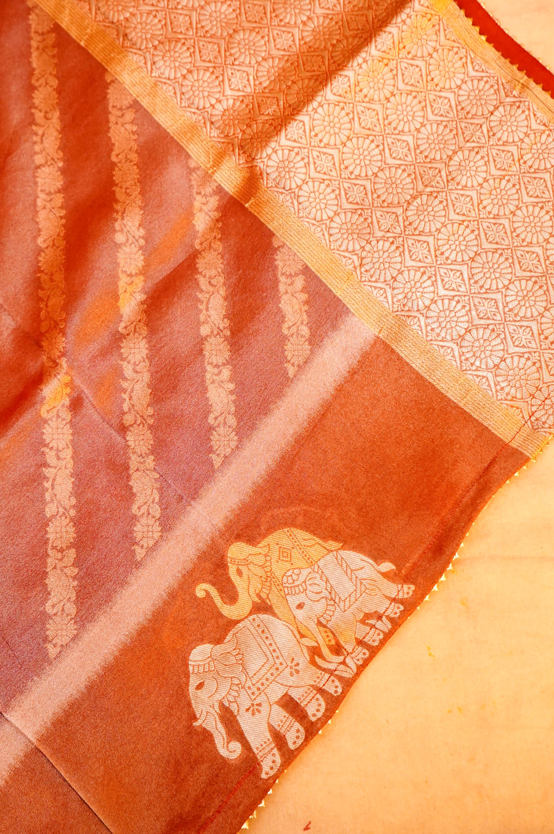 Coffee Brown Banarasi Tissue Silk Saree with Meenakari Jangla Top and Elephant Motif Dupatta
