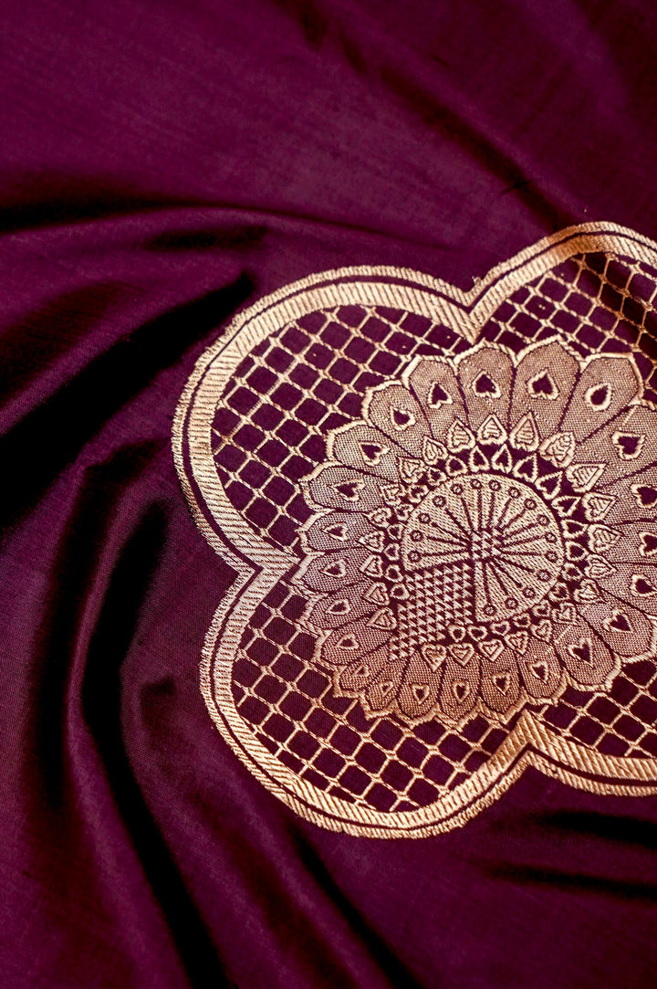 Dark Purple Pure Katan Silk Co-Ord Set with Gold Zari Floral Motif