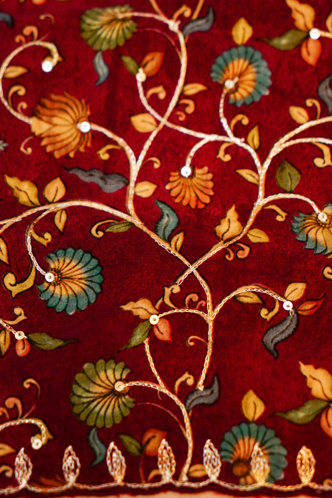 Regal Maroon Elegance: Crepe Silk Saree with Floral Prints