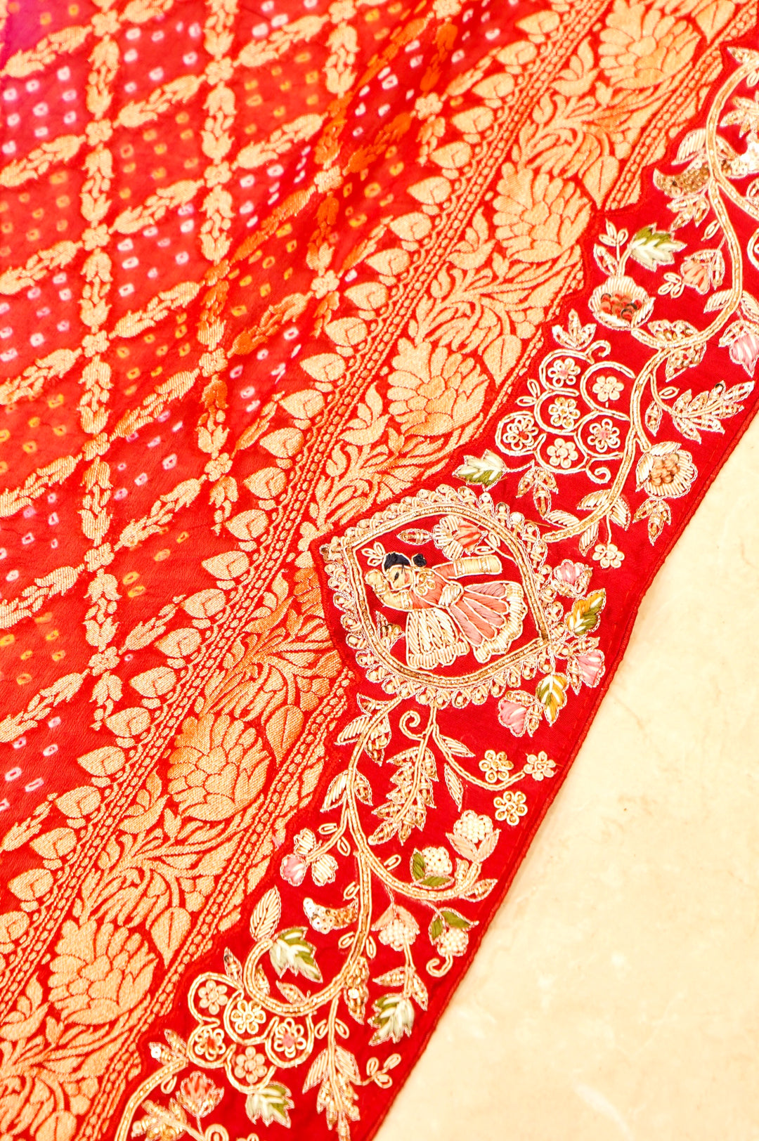 Designer Pure Banarasi Khaddi Bandhej Saree with Hand Zardozi Work