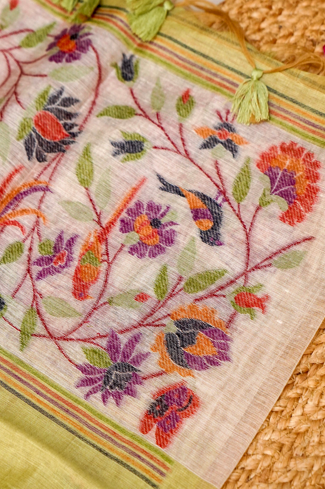 Lemon Yellow Handwoven Linen Unstitched Suit Set with Multicolor Floral &amp; Bird Embroidery