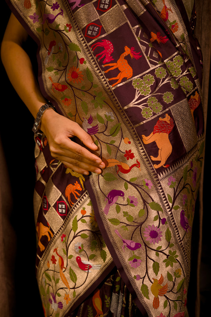Handwoven Banarasi Pure Katan Silk Meenakari Shikargah Saree View 4