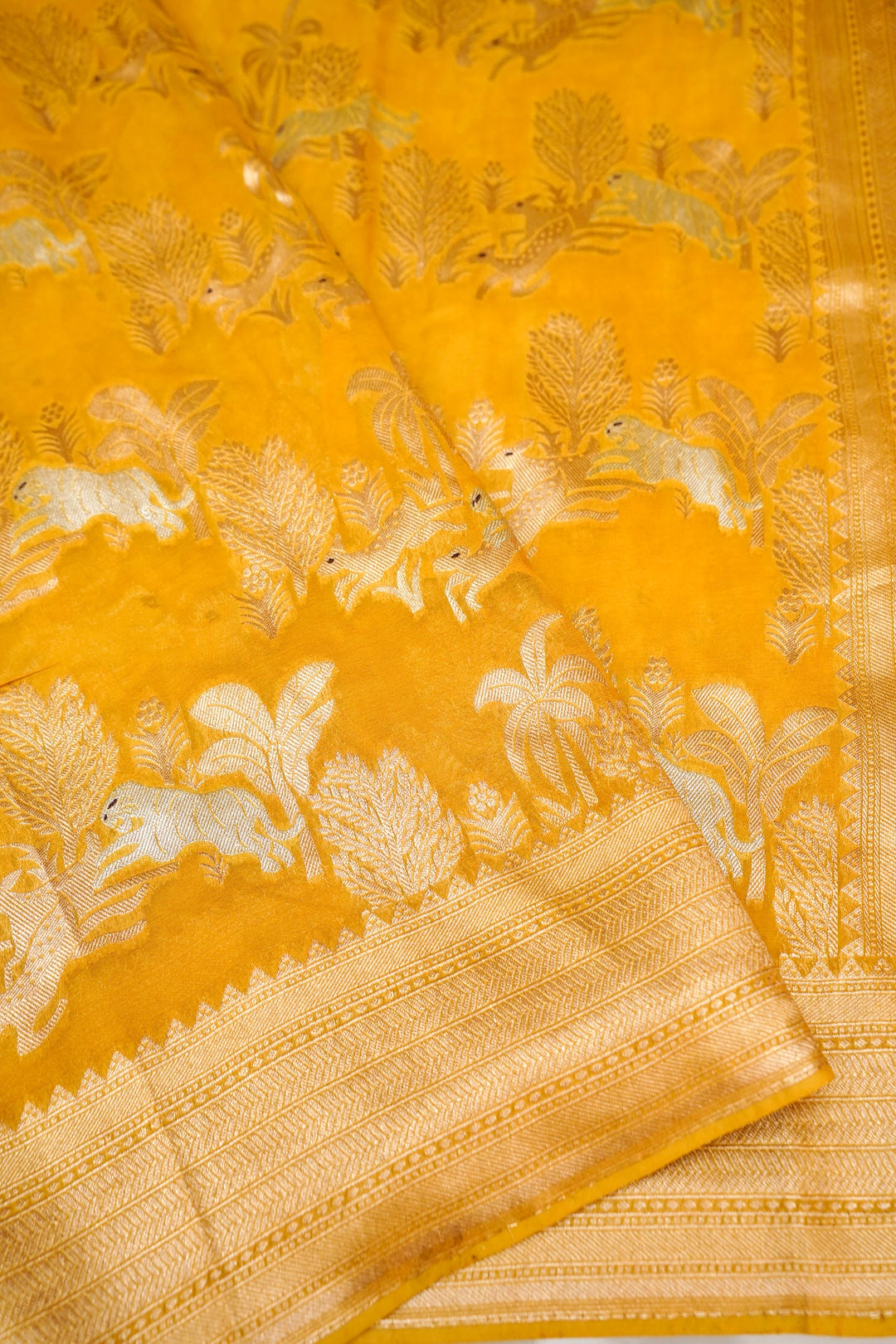 Yellow Pure Georgette Shikargah Saree for Haldi Wear