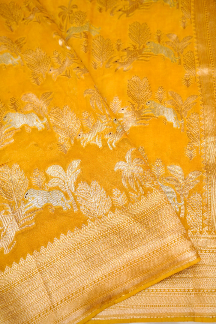 Yellow Pure Georgette Shikargah Saree for Haldi Wear