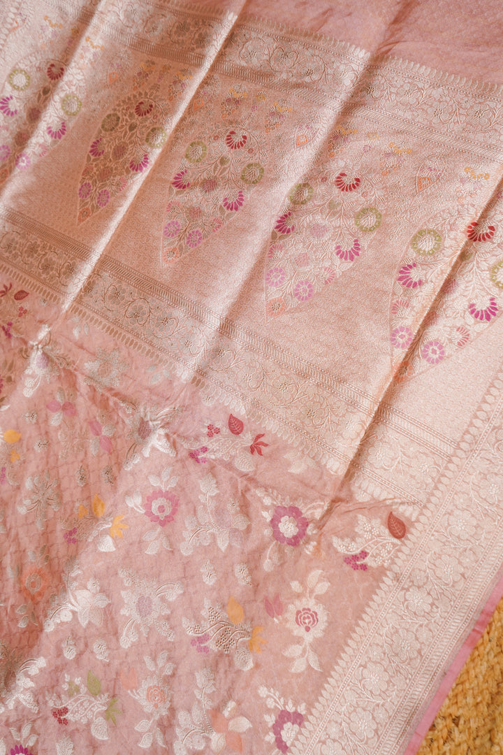 Rose Gold Handwoven Banarasi Pure Katan Tissue Silk Meenakari Saree