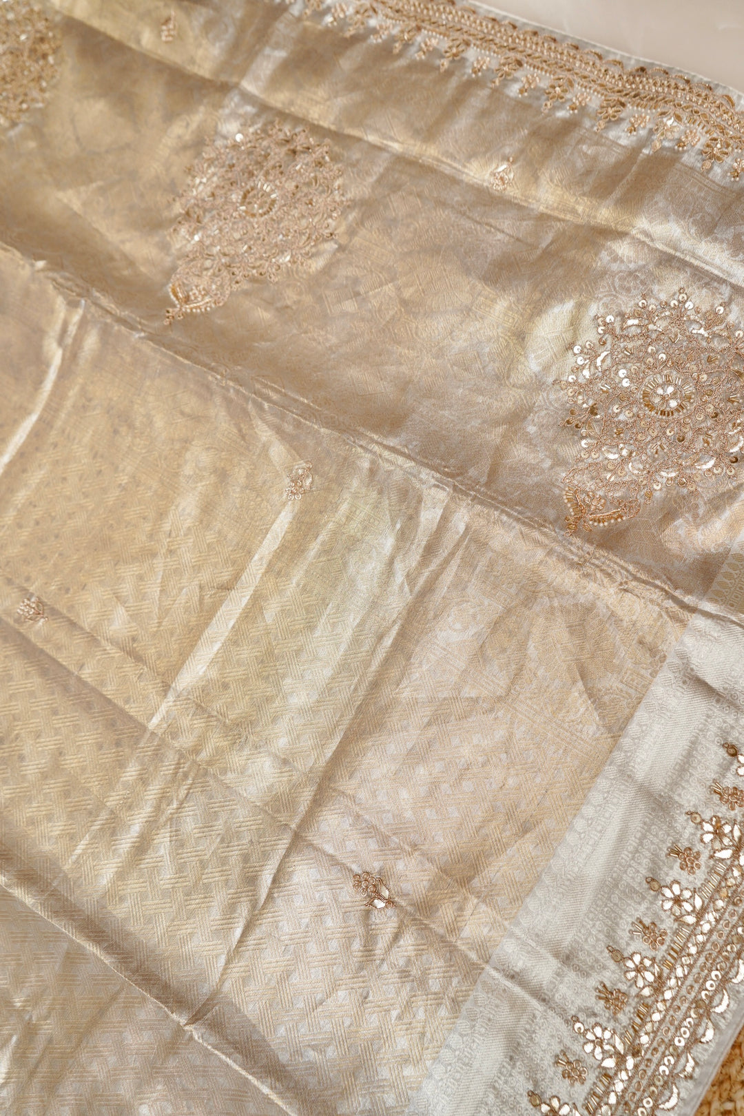 Beige Gold Designer Banarasi Brocade Tissue Silk Saree with Hand Embroidery