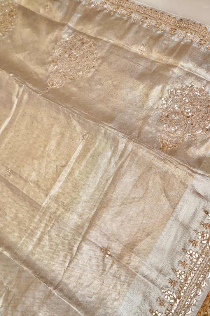 Beige Gold Designer Banarasi Brocade Tissue Silk Saree with Hand Embroidery