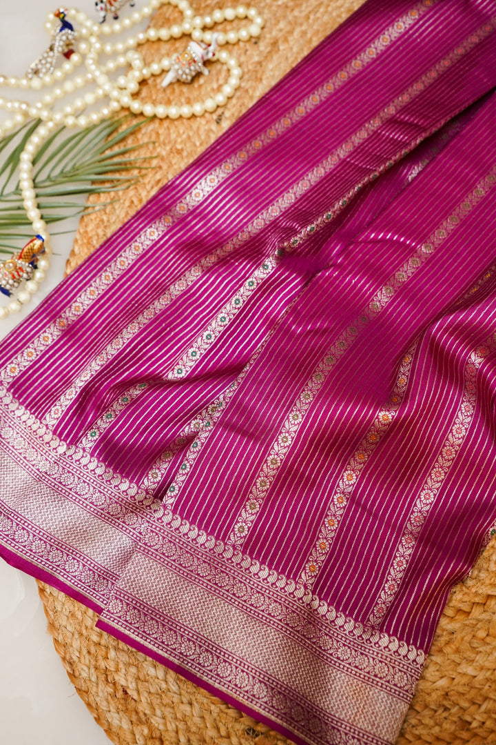 Magenta Banarasi Soft Silk Meenakari Stripes Saree
