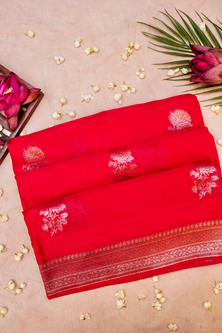 Red Bridal Banarasi Kora Silk Saree Zari Weave Grand Border & Pallu
