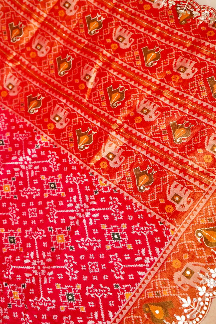 Pink Patola Silk Bridal Wear Aari Mirror Work Saree View 2