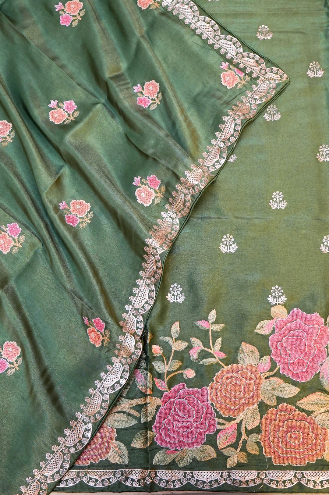 Dark Green Crepe Tissue Silk Suit Set with Pitta Zari and Embroidery Work