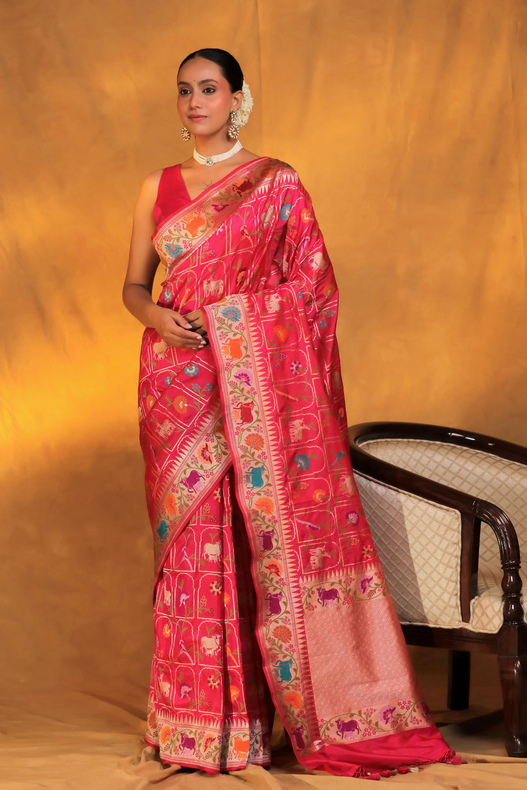 Banarasi Handloom Pink Pure Katan Silk Pichwai Saree Front View 2