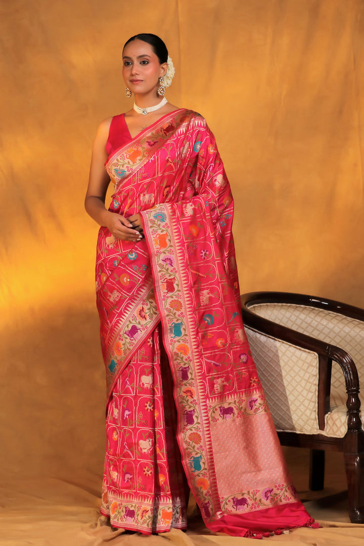 Banarasi Handloom Pink Pure Katan Silk Pichwai Saree Front View 2