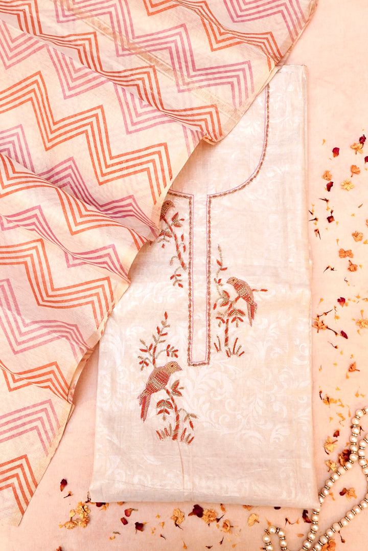 Rose Gold Pure Chanderi Tissue Silk Suit with Resham & Zardozi Embroidery