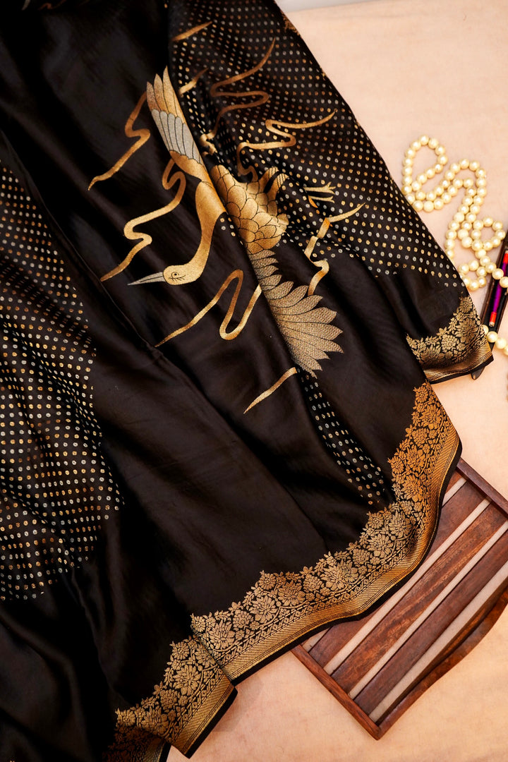 Black Banarasi Satin Crepe Bandhej Weaving Saree with Birds Motif