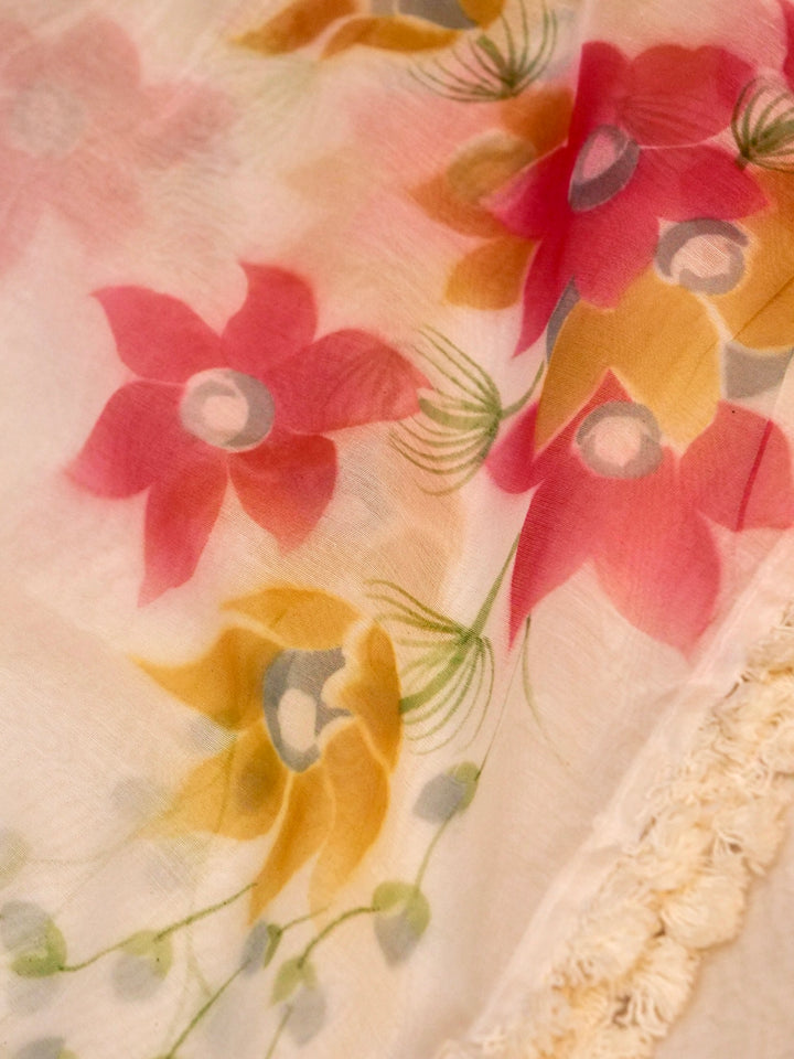 White Chanderi Silk Suit Set with Hand Painted Floral Dupatta