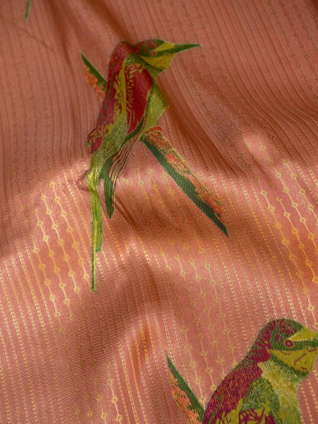 Rose Gold Banarasi Tissue Soft Silk Saree with Printed Bird Motifs