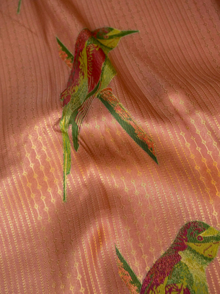 Rose Gold Banarasi Tissue Soft Silk Saree with Printed Bird Motifs