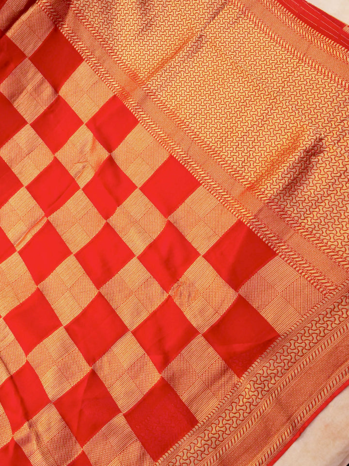 Vibrant Red Banarasi Khaddi Georgette Saree with Exquisite Zari Weave Checks