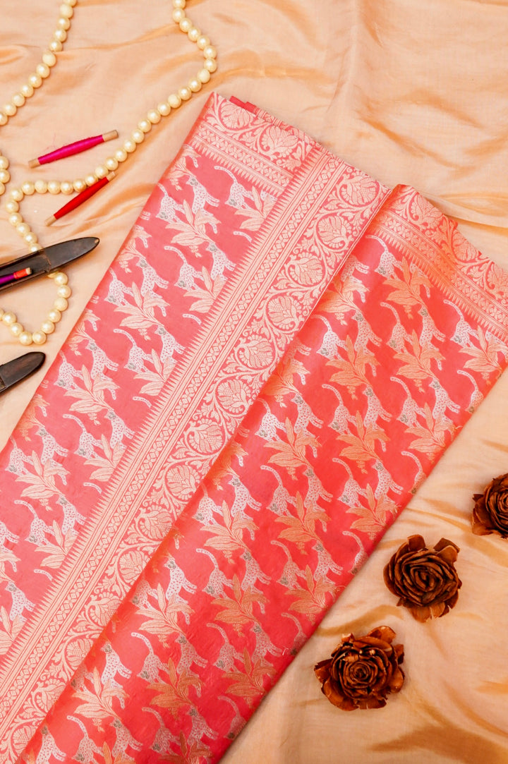 Handwoven Banarasi Pinkish Peach Pure Katan Silk Shikargah Saree