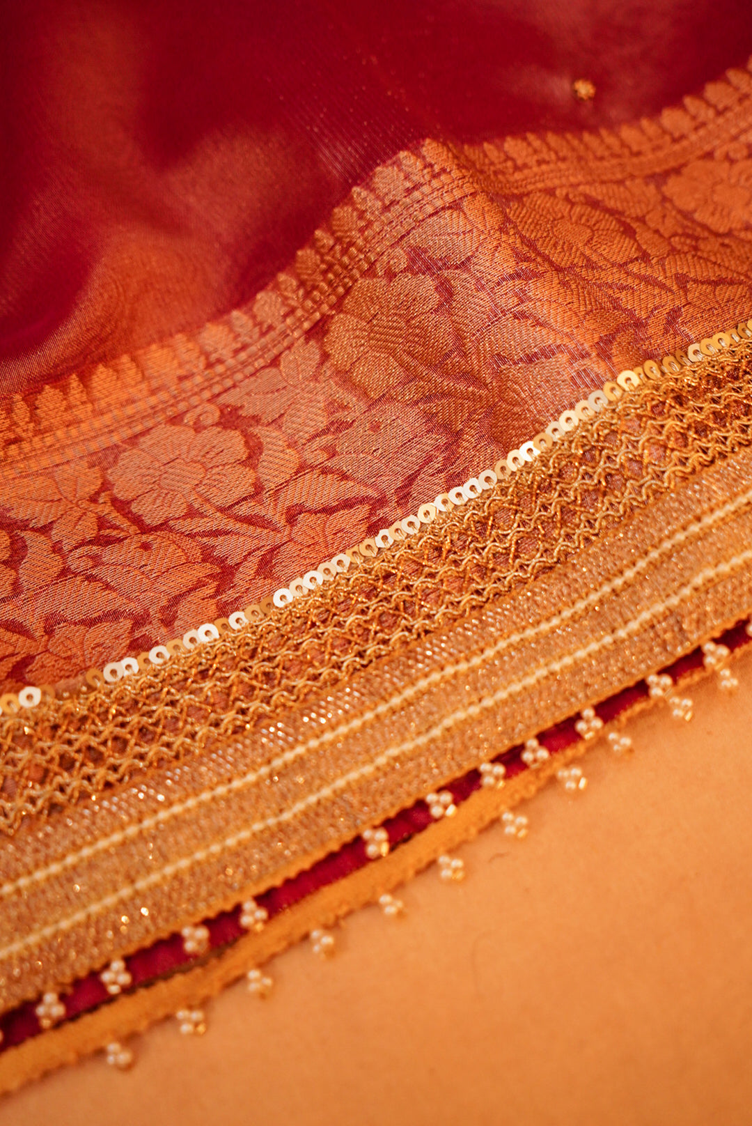 Rose Gold Gajanan Maharani Tissue Saree with Embroidery and Pearl Work