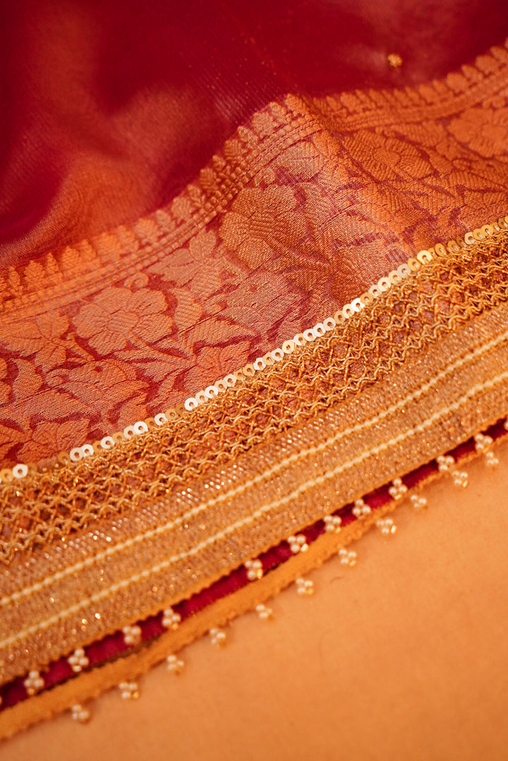 Rose Gold Gajanan Maharani Tissue Saree with Embroidery and Pearl Work