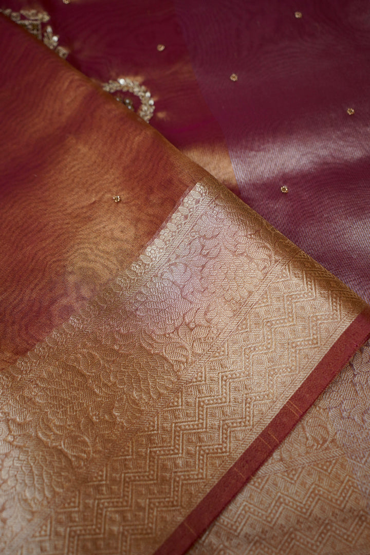 Royal Copper Gold Maharani Tissue Silk Saree with Gayatri Mantra &amp; Baraat Inspired Pallu