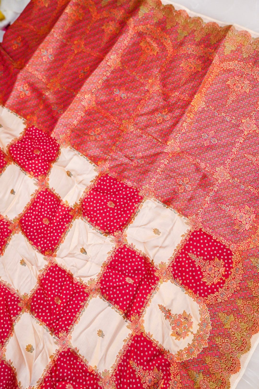Pink &amp; White Checked Crepe Silk Saree with Bandhani Meenakari Contrast Border