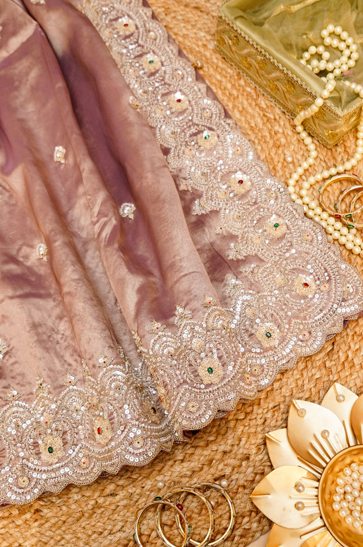 Lavender Gold Designer Tissue Silk Saree with Pearl and Kundan Embroidery View 1