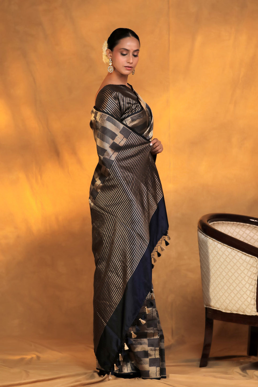 handwoven banarasi brocade black and golden pure katan silk saree side view 1