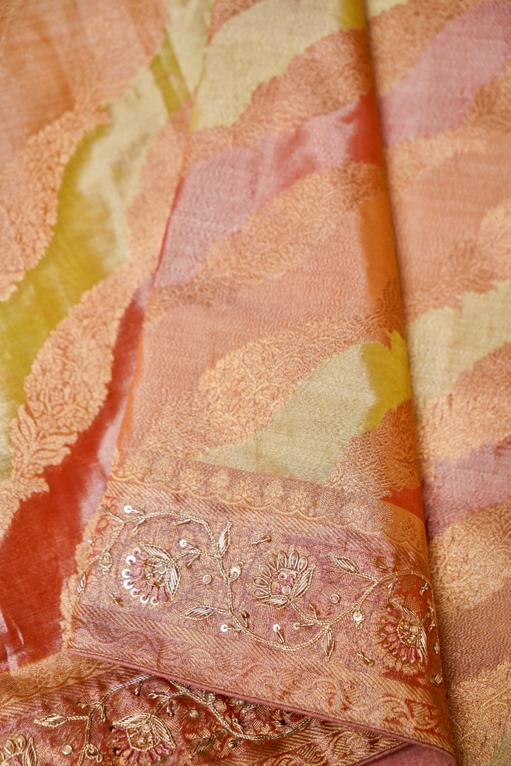 Designer Banarasi Brocade Rangkaat Tissue Silk Saree with Hand Embroidery