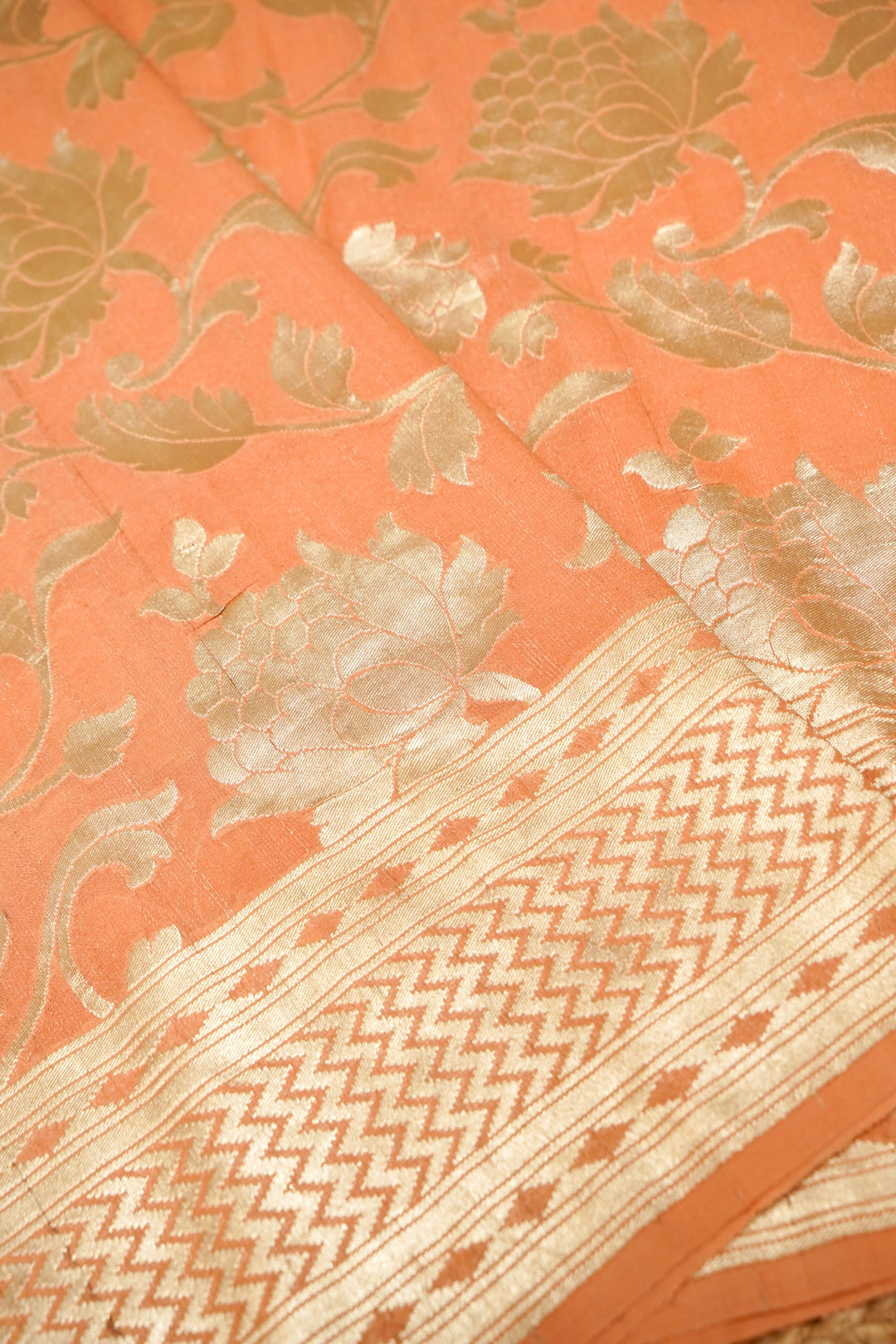 Elegant Peach Handloom Pure Banarasi Georgette Tussar Silk Saree