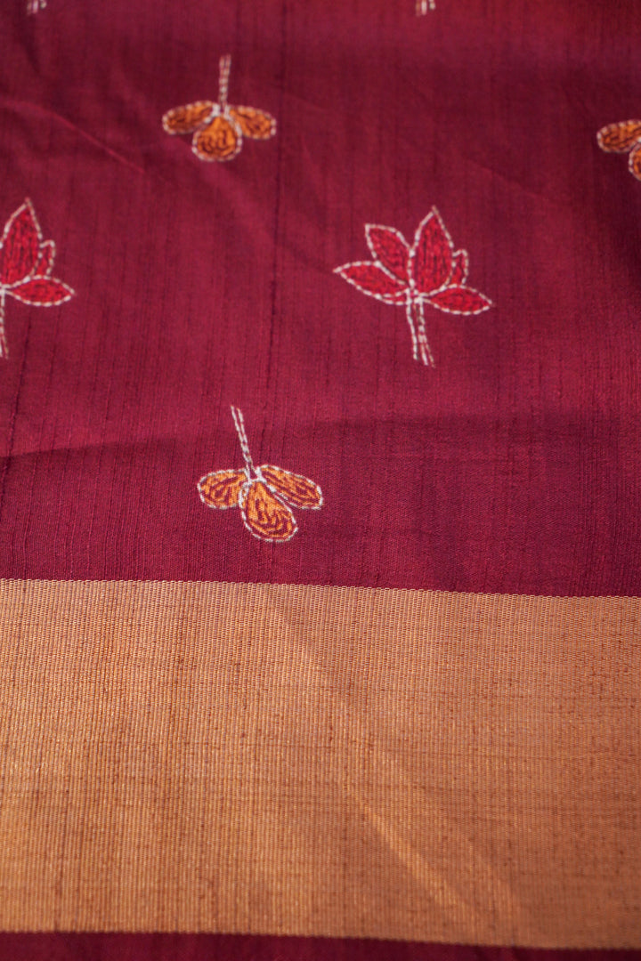 Maroon Tussar Silk Saree with Ajrak Animal Motif &amp; Meenakari Bootidar Weaving