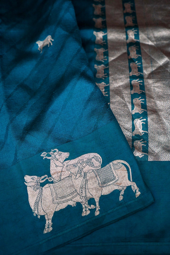 Banarasi Peacock Blue Pure Katan Silk Nandi Motifs Saree