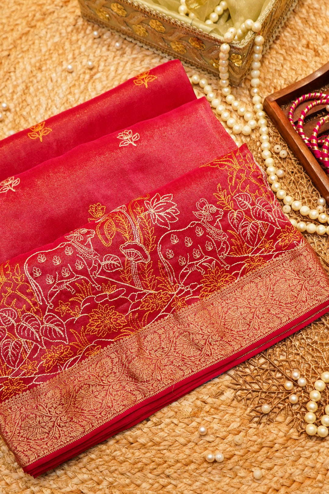 Rose Red Crepe Tissue Saree with Pichwai Resham Kadhai