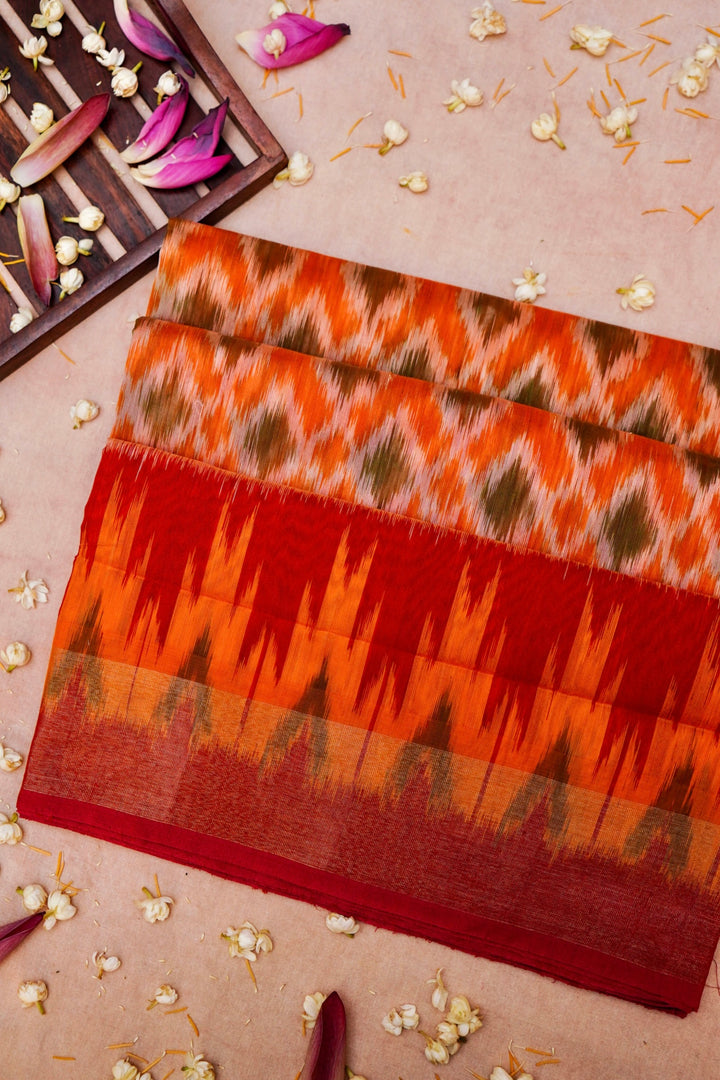 Orange Patola Cotton Silk Saree with Multi-Color Geometric Design